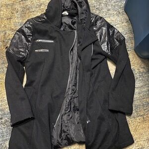 Women's Black Hooded Blazer with Quilted Sleeve Accents